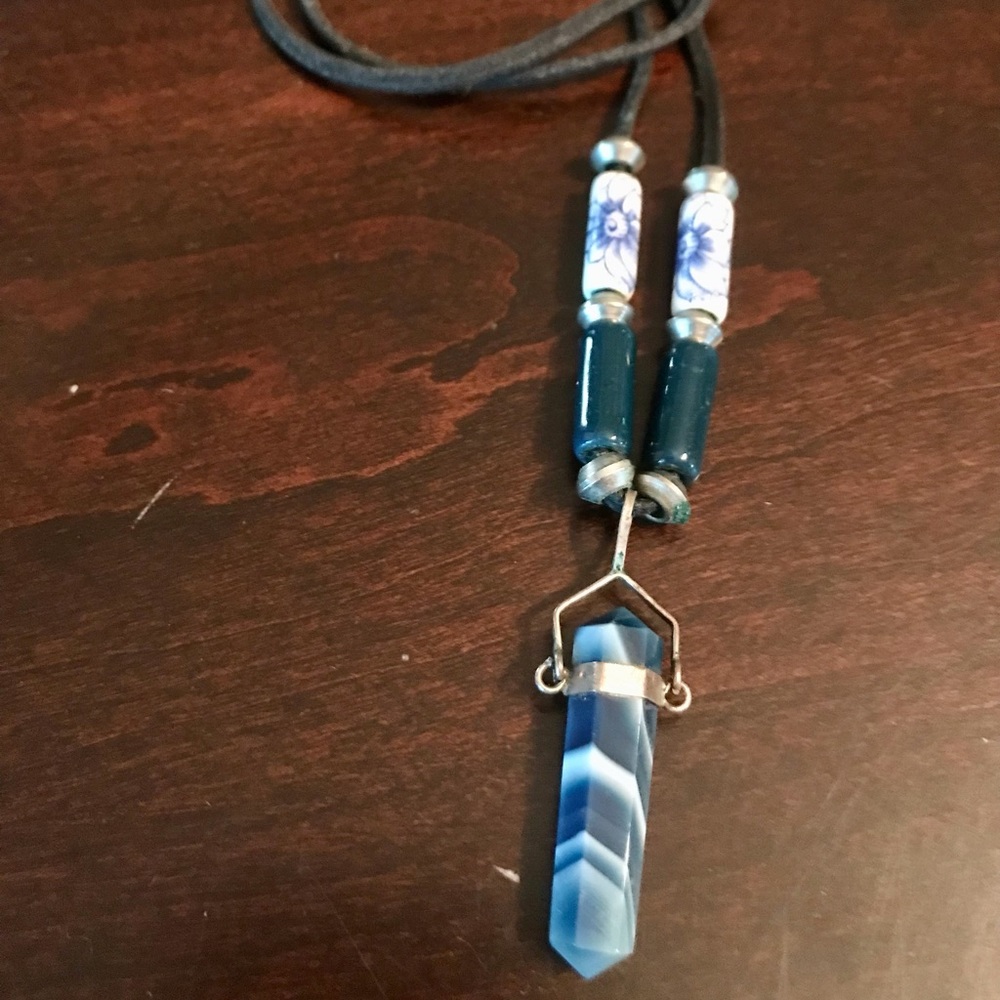 Vintage 1990s Leather Cord Necklace with Blue Crystal Pendent